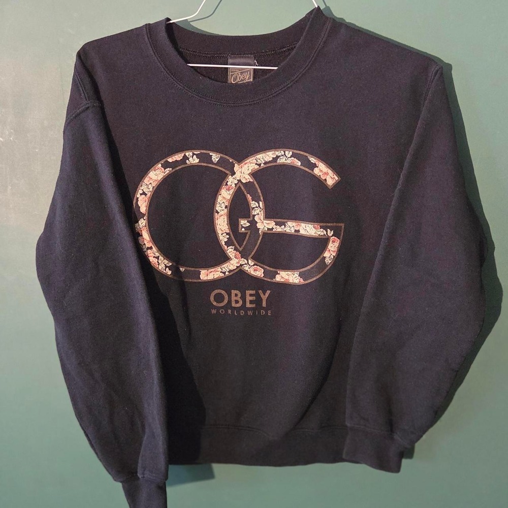 Obey Worldwide Crewneck Sweatshirt Black Floral Logo Graphic Womens Small